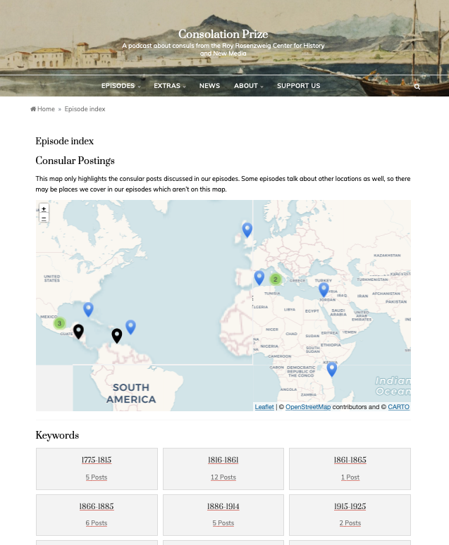Screenshot of the episode index page of Consolation Prize. There is a world map with mutlicolored pin icons. Below that are rectangular buttons with subject headings.